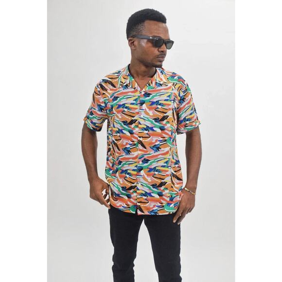 Eleven Paris Men's Camp Shirt Paint Splatter Short Sleeve Multicolor Large‎ NWT - Picture 1 of 11